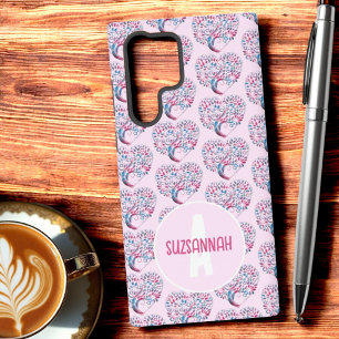 Coque Samsung Galaxy Motif de cœur d'arbre pastel bleu avec monogramme