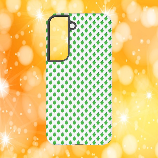 Coque Samsung Galaxy Motif de fruits de pomme verte (A phone case with a pattern of green apples with leaves.)