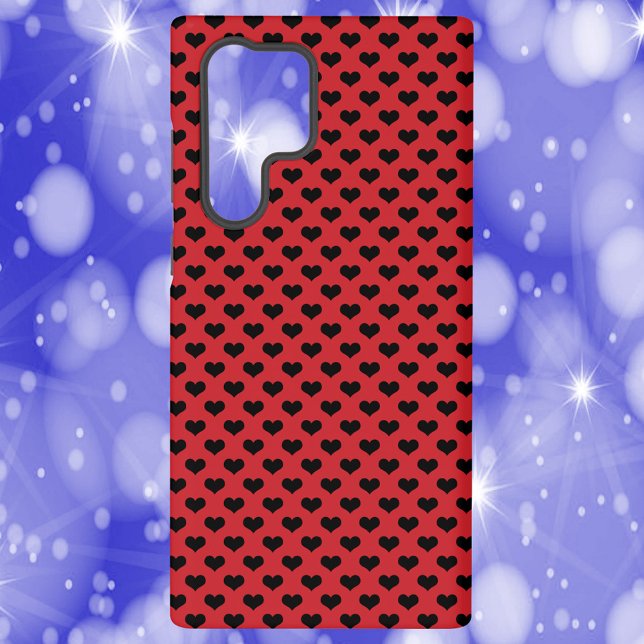 Coque Samsung Galaxy Motif du coeur noir Arrière - plan rouge (A phone case with a pattern of black hearts on a red background)