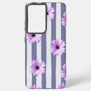 Coque Samsung Galaxy motif rayé avec marguerites violettes