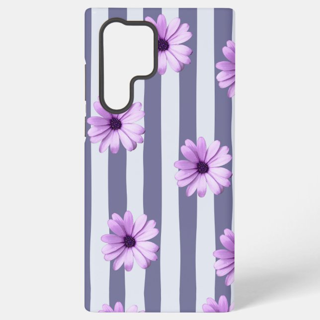 Coque Samsung Galaxy motif rayé avec marguerites violettes (Verso)