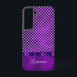 Coque Samsung Galaxy Motif Royal Purple Silver<br><div class="desc">Ce joli coque présente un faux bijou d'argent clouté sur un arrière - plan d'arrière - plan royal violet abstrait foncé qui brille pratiquement. Votre nom ou monogramme est en script sur la partie inférieure. Un ruban faux violet sépare les deux sections. Élégant et classe ! * Veuillez noter que...</div>