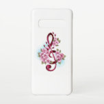 Coque Samsung Galaxy S10 Musical treble clef notes with sakura flowers<br><div class="desc">Pink treble clef with delicate,  detailed pink Japanese cherry blossoms against white background painted over with light blue paint Blooming pink sakura.</div>