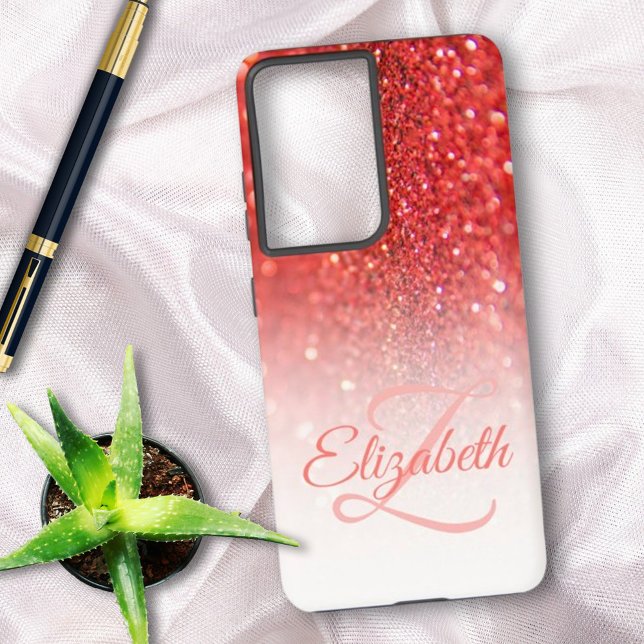 Coque Samsung Galaxy Nom Chic Monogramme Corail Paillettes Ombre (Ready to personalize for you or as a gift. Phone case also available for iPhone styles.)