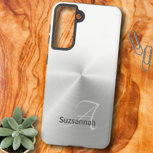 Coque Samsung Galaxy Nom Monogramme Élégant Faux Métal Blanc Ombre