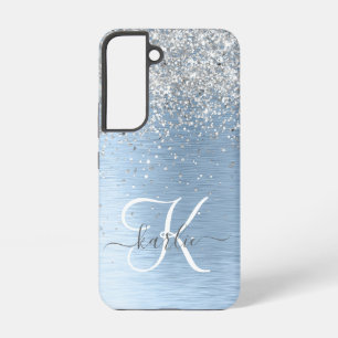 Coque Samsung Galaxy Nom Monogramme Paillettes Métal Brossé Bleu Argent