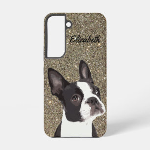 Coque Samsung Galaxy Nom Terrier de Boston à paillettes dorées Chien Ch