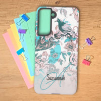 Oiseau rose bleu et motif floral Monogramme person