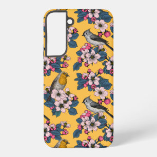 Coque Samsung Galaxy Oiseaux et fleurs sur fond jaune
