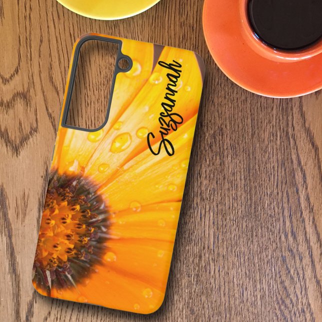 Coque Samsung Galaxy Orange Spring Flash African Daisy Gros plan Photo (Personalize or remove the text on this phone case featuring a close-up photo of a daisy. )
