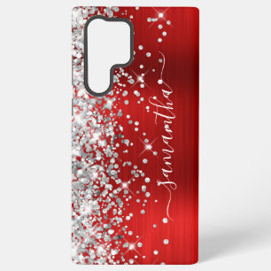 Coque Samsung Galaxy Pailleté Argenté Signature Féminine Rouge Feuille
