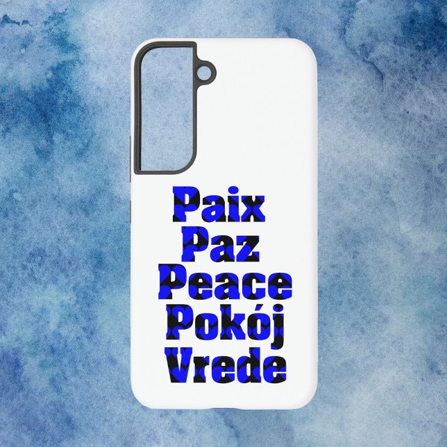 Coque Samsung Galaxy Paix en langues étrangères Coeurs Bleu Noir (A phone case that says peace in different languages with blue and black hearts.)