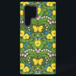 Coque Samsung Galaxy Pansies jaunes, oiseaux et papillons<br><div class="desc">Papier peint de jardin peint à la main avec boiseries,  lys,  fleurs de coeur saignant,  feuilles,  oiseaux et papillons motifs sans couture.</div>