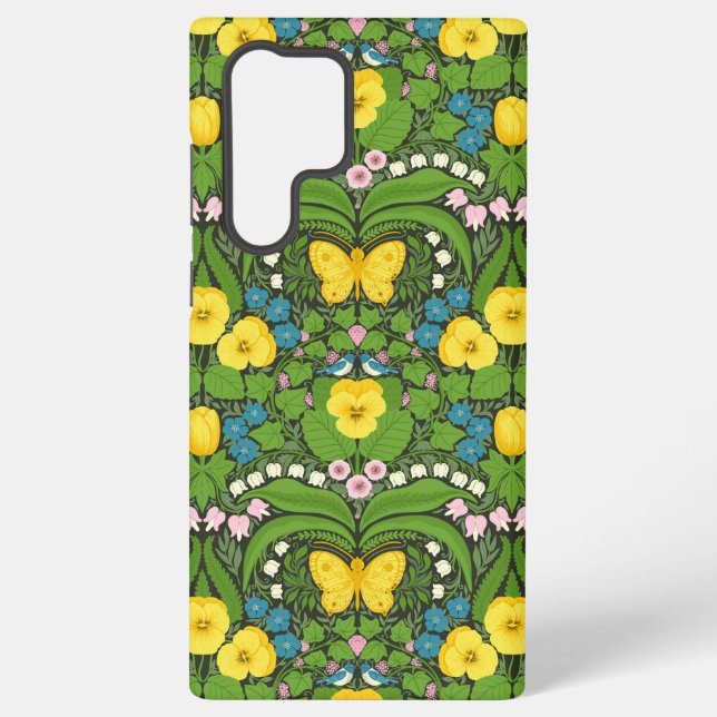 Coque Samsung Galaxy Pansies jaunes, oiseaux et papillons (Verso)