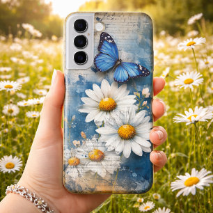 Coque Samsung Galaxy Papillon bleu vintage et marguerites - Cottagecore