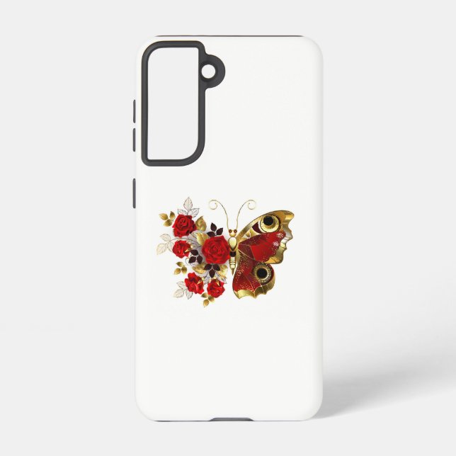 Coque Samsung Galaxy Papillon de fleurs rouges aux roses rouges (Verso)