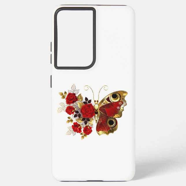 Coque Samsung Galaxy Papillon de fleurs rouges aux roses rouges (Verso)