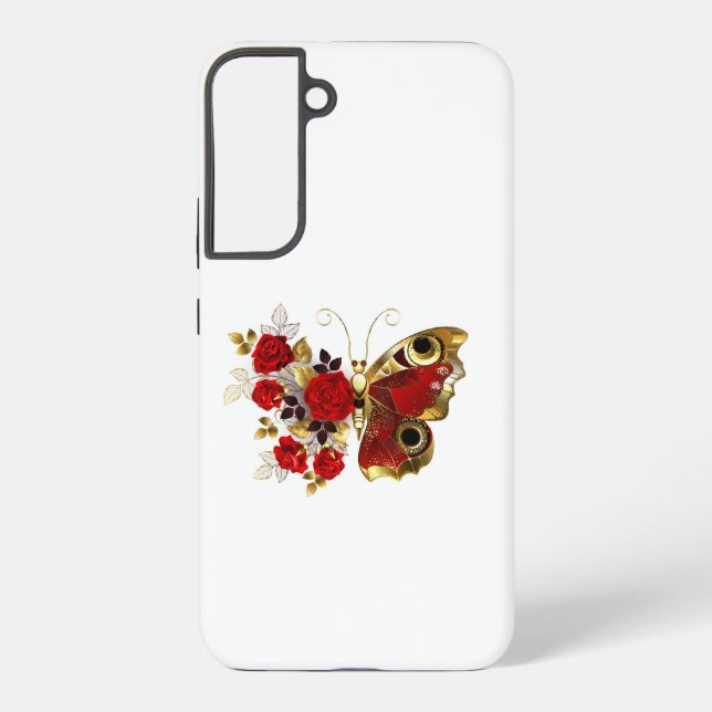 Coque Samsung Galaxy Papillon de fleurs rouges aux roses rouges (Verso)