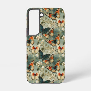 Coque Samsung Galaxy Papillon orange sarcelle antique Fleur blanche
