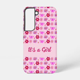 Coque Samsung Galaxy Papillons et Fleurs Bébé Fille Rose Personnalisé