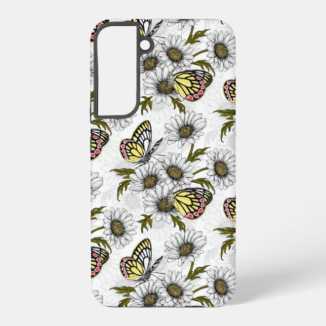 Coque Samsung Galaxy Papillons Jézabel et fleurs marguerites sur blanc (Verso)