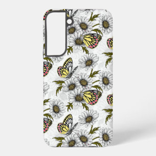 Coque Samsung Galaxy papillons Jezebel et fleurs de marguerite sur fond