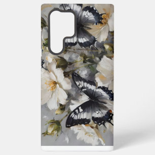 Coque Samsung Galaxy Papillons noirs et blancs sur des fleurs blanches,