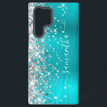 Coque Samsung Galaxy Parties scintillant argent Turquoise Blue Girl Sig<br><div class="desc">Parties scintillant argentée brillante et irrégulière sur le bord gauche, au-dessus d'un faux ton de bijou clair aqua et d'une feuille de métal brossé bleu turquoise et ombragé. La signature girly moderne dispose d'une élégante police de calligraphie blanche avec queues décoratives dans un format vertical. Customisez les styles de police...</div>