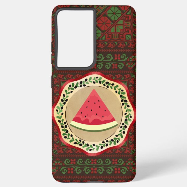 Coque Samsung Galaxy pastèque sur plaque d'olive avec tatreez palestini (Verso)