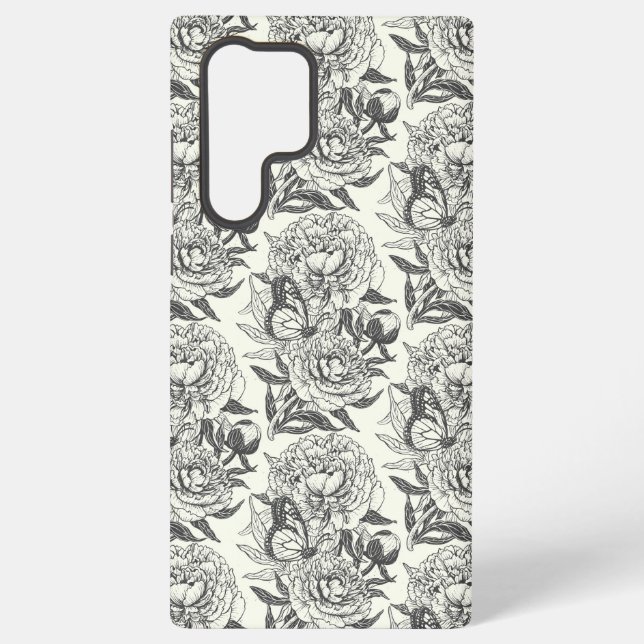 Coque Samsung Galaxy Peonies et papillons bloquent l'impression, noir e (Verso)