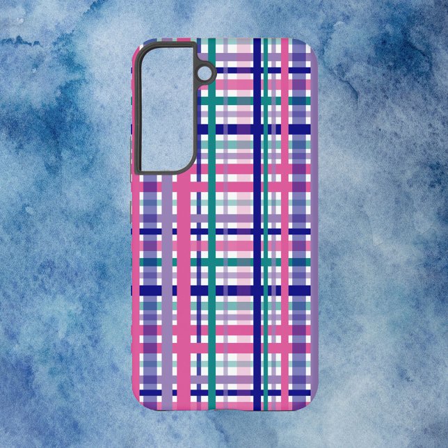 Coque Samsung Galaxy Plaid Rose Turquoise Marine bleu violet (A phone case featuring a pink, blue, teal and purple plaid pattern on a white background)