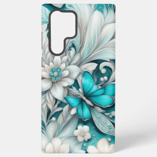Coque Samsung Galaxy Plumes turquoises Fluffy Blanches