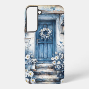 Coque Samsung Galaxy Porte bleu rustique avec marguerites - Cottagecore