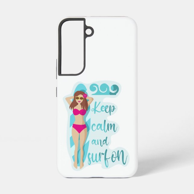 Coque Samsung Galaxy Restez calme et surf sur la brunette fille Carte (Verso)