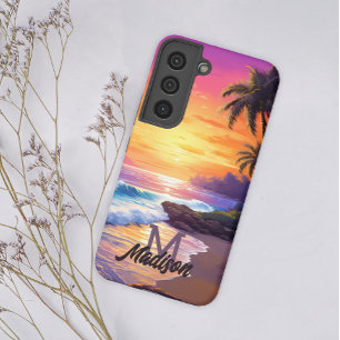 Coque Samsung Galaxy Retro Cool Tropical Beach Sunset Monogramme Ajoute