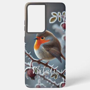 Coque Samsung Galaxy Robin d'hiver perché sur une branche de Rose givré