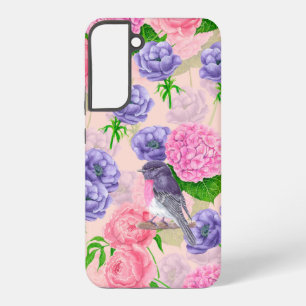 Coque Samsung Galaxy Robin et fleurs, motif aquarelle