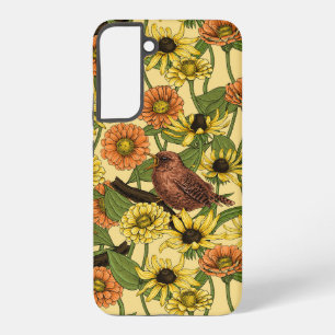 Coque Samsung Galaxy Roitelets et fleurs sur fond jaune pâle