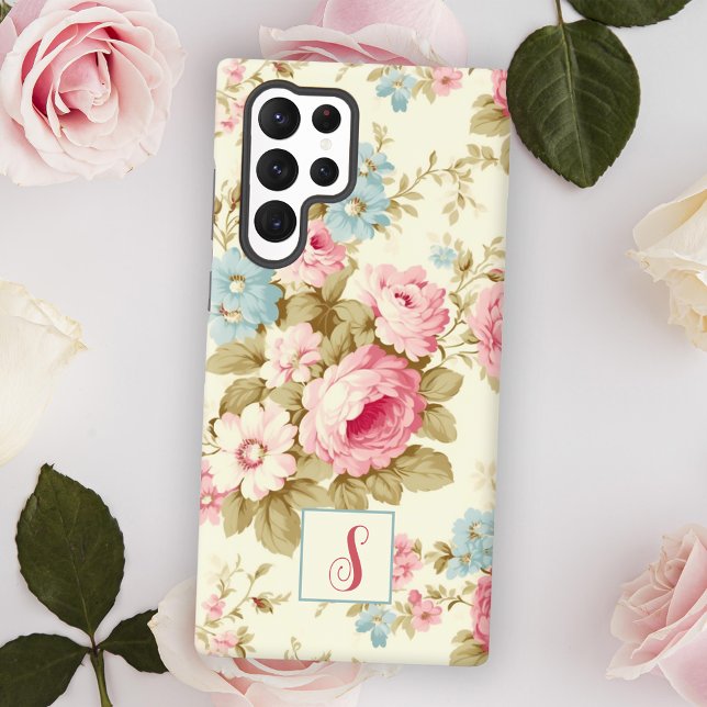 Coque Samsung Galaxy Romantique rose Rose anglais sur Jaune avec Monogr (Créateur téléchargé)
