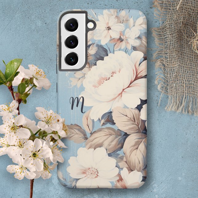 Coque Samsung Galaxy Roses blanches sur Arrière - plan bleu rustique av (Créateur téléchargé)