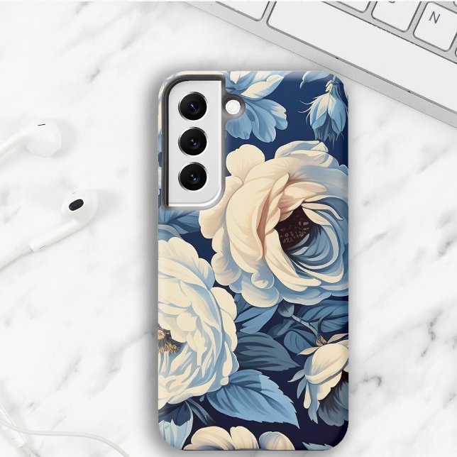 Coque Samsung Galaxy Roses blanches sur Indigo Arrière - plan bleu (Créateur téléchargé)