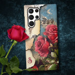 Coque Samsung Galaxy Roses de Shabby sur papier déchiré avec monogramme<br><div class="desc">Unique et cool grungy rouge roses vintages et feuillage sur un arrière - plan de parchemin déchiqueté déchiqueté et bleu vieil arrière - plan de papier avec texte modifiable pour monogramme.</div>