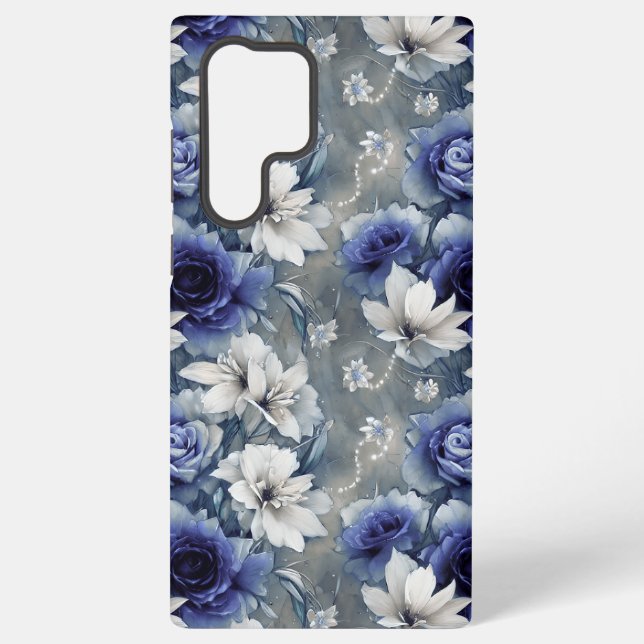 Coque Samsung Galaxy Roses et Lys Bleus et Blancs élégants (Verso)