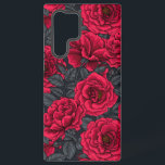 Coque Samsung Galaxy Roses rouges avec feuilles gris sur noir<br><div class="desc">Motif vectoriel sans couture dessiné à la main avec roses.</div>