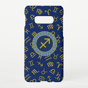 Coque Samsung Galaxy S10E Sagittaire Zodiac+Astrologie Symboles Ptn Gld+Blue