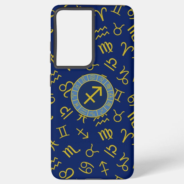 Coque Samsung Galaxy Sagittarius Zodiac+Astrology Symbols Ptn Gld+Blues (Verso)