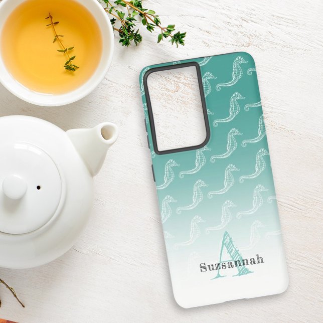 Coque Samsung Galaxy Seahorse Skeleton Motif Sea Green Monogramme Nom (Personalize this seahorse pattern design with a monogram letter and name or remove all text. )
