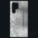 Coque Samsung Galaxy Signature Fille Glittery Argent<br><div class="desc">Fille faux brillant de parties scintillant argent en surbrillance sur le bord gauche jumelé avec un motif art numérique en métal brossé gris argenté. La signature girly moderne dispose d'une élégante police de calligraphie blanche avec queues décoratives dans un format vertical. Customisez les styles de police ou déplacez les graphismes...</div>