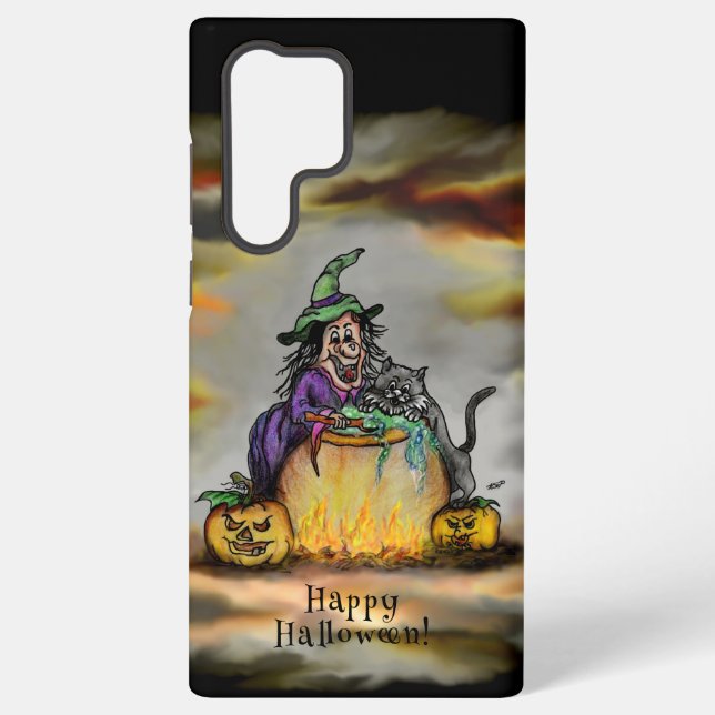 Coque Samsung Galaxy Sorcière et chat noir, Happy Halloween ! (Verso)