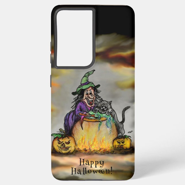 Coque Samsung Galaxy Sorcière et chat noir, Happy Halloween ! (Verso)